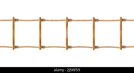 Vector realistic brown rope ladder isolated on white background. Staircase with cords and wooden rods, equipment for climbing up or down. Decorative h Stock Vector