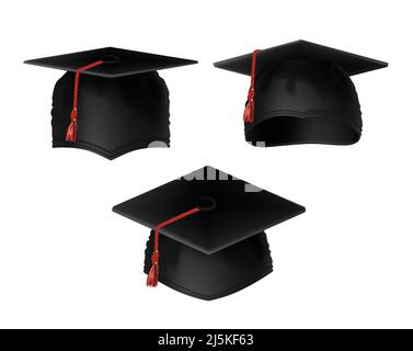 Vector realistic set of black graduation caps with red tassels, view from various sides isolated on background. Square academic hat, ceremonial headdr Stock Vector