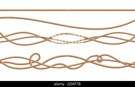 Vector 3d realistic fiber ropes - straight and tied up. Jute or hemp twisted cords with loops isolated on white background. Decorative elements with b Stock Vector