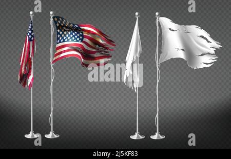 Vector realistic set with damaged flags of United States of America on steel poles isolated on transparent background. Dirty white banners with ragged Stock Vector