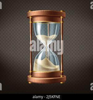 Vector 3d realistic hourglass with running sand inside, isolated on dark transparent background. Wooden body with golden elements in retro style. Time Stock Vector