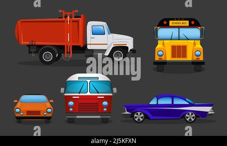 Vector set of cartoon cars - public transportation or private vehicles. School bus, garbage truck and sport automobile in side, front view. Colorful c Stock Vector