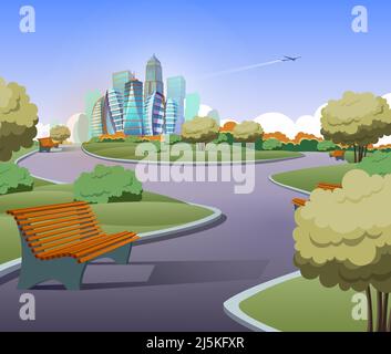 Vector illustration of green parkland with trees, bushes in cartoon style. Lawn with benches and modern buildings on background. Architecture, citysca Stock Vector