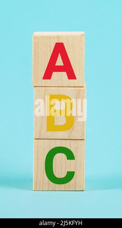 ABC on wooden blocks. ABC letters alphabet on wooden cube blocks Stock Photo