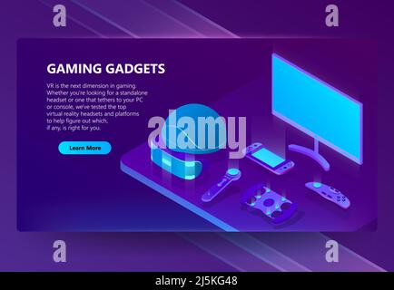 Gaming gadgets vector isometric concept background. Modern devices for video games and cyberspace, headset and glasses for virtual reality. Neon banne Stock Vector