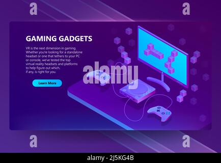 Vector 3d isometric template for site construction. Portal background with button, violet game console, joysticks. Ultraviolet gamepad, retro 8-bit te Stock Vector