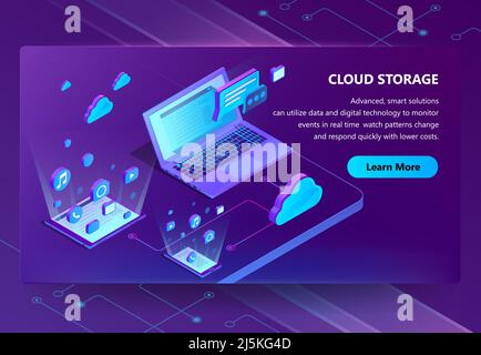 Cloud storage vector isometric concept background. Modern internet technologies, online web service for keeping digital data, files. Neon banner with Stock Vector