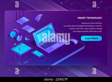 Vector 3d isometric template for site construction with violet laptop, router with wi-fi. Ultraviolet computer, smartphone and headphones with tablet. Stock Vector