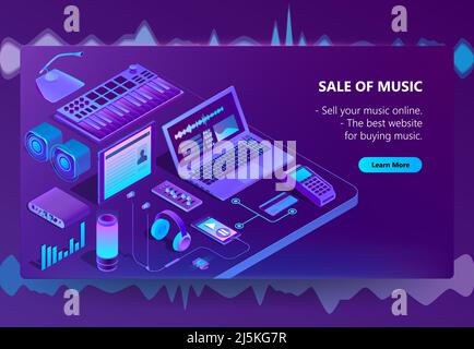 Vector 3d isometric template of e-commerce site of music, online store page with songs. Shopping service, payment by smartphone or laptop. Illustratio Stock Vector