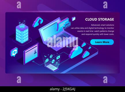 Vector 3d isometric template of site for cloud storage. Online database page with information. Service works with smartphone, laptop and tablet. Illus Stock Vector