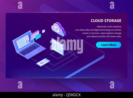 Cloud storage vector illustration of internet data sharing technology. Isometric user multimedia synchronization in computer or digital tablet and sma Stock Vector