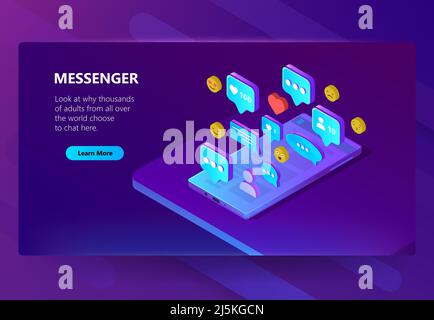 Vector 3d isometric template of site for messenger. Online chat for adults with emoji smiles. Social service on smartphone for communication, messagin Stock Vector