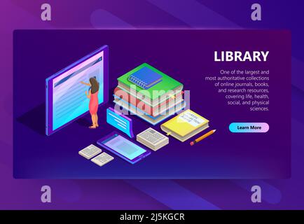 Online library vector illustration of woman reading books in smartphone or internet tablet. Isometric design for remote education or study technology Stock Vector