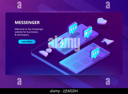 Vector 3d isometric template of site for messenger. Online chat business, development. Social service on smartphone for communication, messaging. Illu Stock Vector