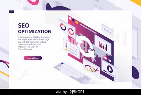 SEO vector isometric background. Optimization process of internet search results for online visibility of website. Concept banner with data analysis, Stock Vector