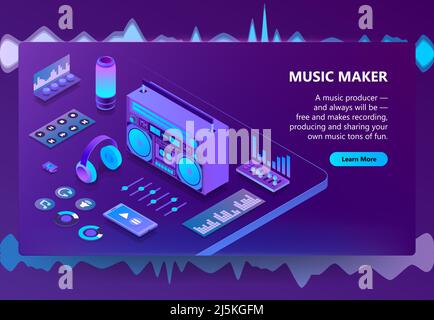 Music maker vector illustration for recording production technology. Isometric DJ equipment or audio Hi-Fi player, sound mixer controls or headphones Stock Vector