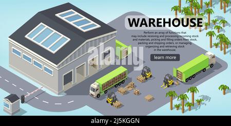 Vector 3d isometric site template with warehouse, trucks for shipping, logistic. Site with button. Portal background with forklifts, goods and storage Stock Vector