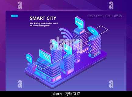 Smart city vector site with 3d isometric smart megapolis, city in violet colors. Network portal with button for urban development. Collection of ultra Stock Vector