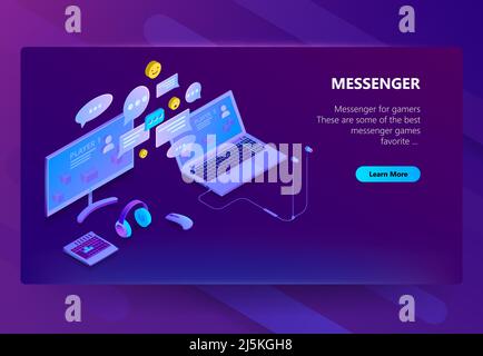 Vector 3d isometric template of site for messenger. Online chat business, development. Social service on laptop and computer for communication, messag Stock Vector