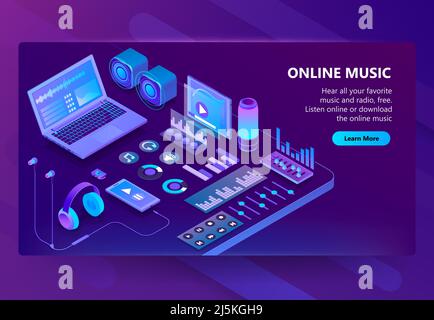 Vector 3d isometric template of site of online listening music, songs. Service for smartphone, laptop or other devices. Illustration with mixer, earph Stock Vector