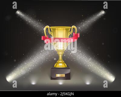Vector 3d realistic cup on pedestal with red ribbon on stage. Golden trophy on scene in projector's lights and confetti. Shiny gold metal goblet. Rewa Stock Vector