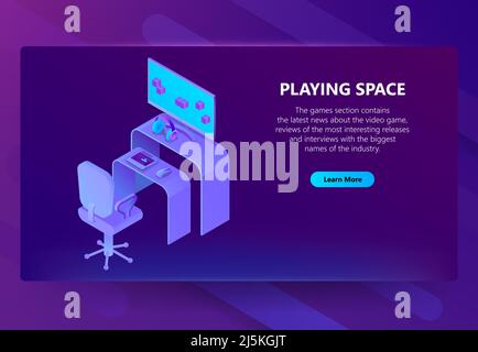 Vector isometric template site construction for gaming industry, entertainment news, playing space. Portal background with button, violet computer on Stock Vector