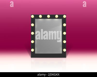 Vector illuminated mirror for makeup isolated on pink background. Shiny object for fashion model or theater actor. Light bulbs on black frame in dress Stock Vector