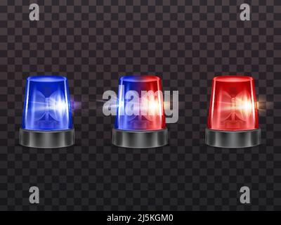 Vector 3d realistic red and blue flashers. Police, ambulance or other municipal service siren with light, rotating alert lamp. Transparent beacon for Stock Vector