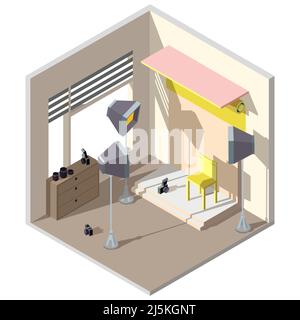 Vector 3d isometric photography studio. Professional space with spotlights, furniture and chroma key. Photo equipment in apartment. Architecture inter Stock Vector