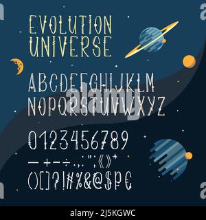 Vector hand drawn font, Latin alphabet, capital letters with numbers and symbols isolated on space background with planets and stars. Cartoon serif ty Stock Vector