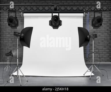 Vector realistic illustration of empty room with blank white screen, studio lights with soft boxes on tripod stands. Concept background with modern li Stock Vector