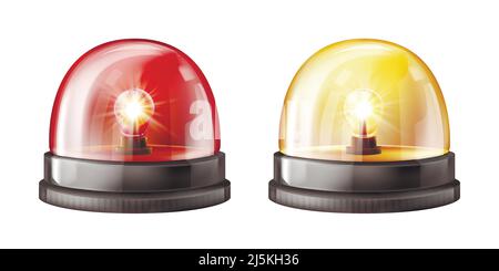 Siren lights vector illustration of red and yellow alarm lamps or police and ambulance emergency flashers. Isolated realistic 3D alert beacons set on Stock Vector