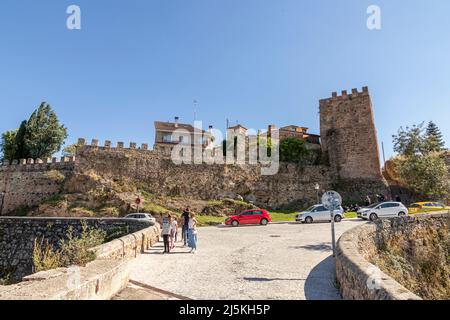 Buitrago del Lozoya, Spain. Views of the Old Town walls and the Puente del Arrabal bridge Stock Photo