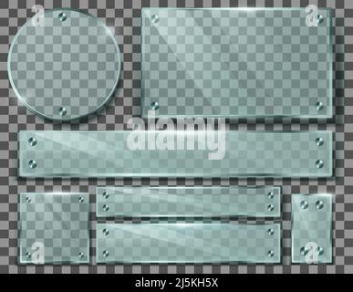 Vector realistic set of transparent glass plates, blank frames with metal screws isolated on background. Collection of clear banners in different shap Stock Vector