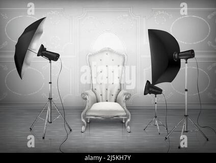 Vector background, photo studio with empty luxury armchair and wall with decorative ornament, light diffusers and softboxes on tripods. Room mockup wi Stock Vector