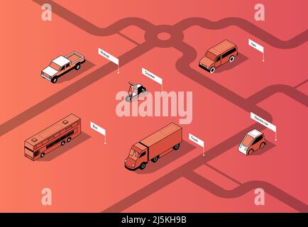 Vector set of isometric urban transportation on road. Cars with shadows on route, isolated on red background. Automobiles - bus, truck and others. Cit Stock Vector