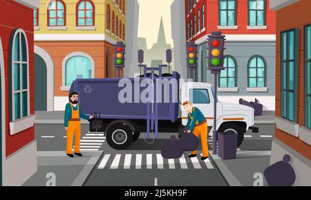Vector cartoon illustration of city crossroad with traffic lights, garbage truck and workers pick up black rubbish bags for recycling. Service for cle Stock Vector