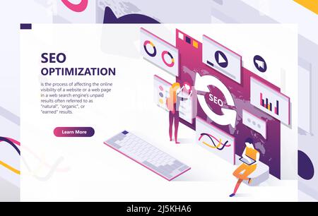 SEO vector isometric background. Optimization process of internet search results for online visibility of website. Concept banner with data analysis, Stock Vector