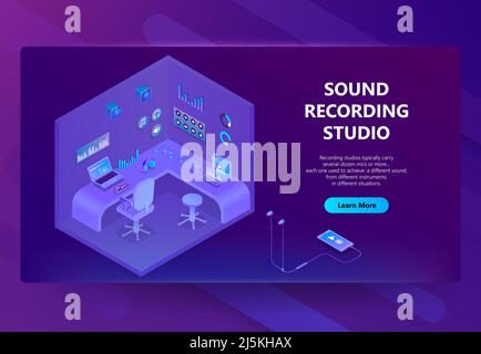 Vector 3d isometric template for site construction of sound recording studio. Violet room with equipment to create music. Ultraviolet headphones with Stock Vector