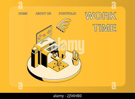 Office workplace vector illustration of isometric black thin line art on yellow background. Manager working place with computer notebook on table and Stock Vector