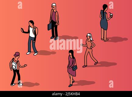 Vector isometric set of faceless people, men and women in casual clothing, front and back view. Characters in motion isolated on pink background, desi Stock Vector