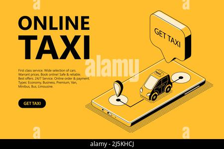 Online taxi vector illustration of isometric black thin line art on yellow halftone background. Mobile phone screen with a car driving along the route Stock Vector