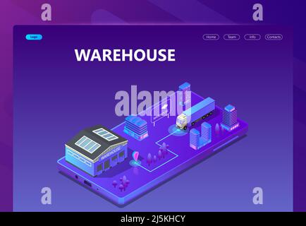 Vector 3d isometric site template with warehouse, tracking system. Site with buttons in ultraviolet colors. Purple portal background with truck for sh Stock Vector