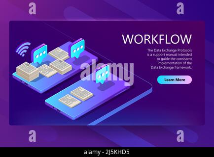 Vector 3d isometric site template with workflow. Internet page in violet color with buttons for smartphone, mobile device app. Analysis system, databa Stock Vector