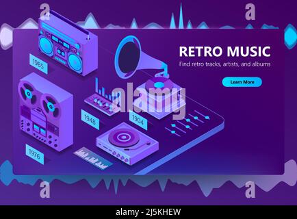 Vector 3d isometric template of site of online listening retro music, old songs. Illustration with mixer, gramophone, player with audio cassettes and Stock Vector