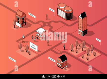 Vector isometric city center. Square with eco market, cinema, houses, park with ice cream cart. District with sidewalk and people between buildings in Stock Vector