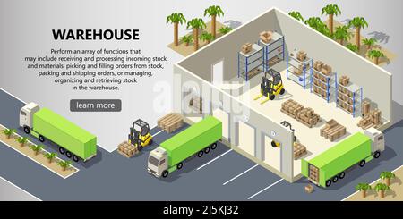 Vector isometric warehouse with interior inside, delivery service. Storehouse with boxes for shipping, trucks, forklifts with cargo. Web page with but Stock Vector