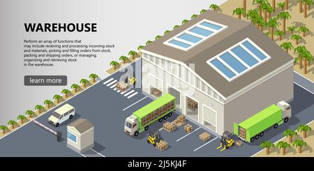 Vector isometric warehouse, delivery service illustration. Storage building with trucks ready for shipping, forklifts with cargo. Web page with button Stock Vector