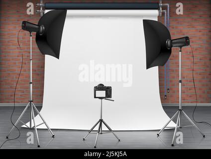 Vector realistic illustration of empty room with blank white screen, studio lights with soft boxes on tripod stands. Concept background with modern li Stock Vector