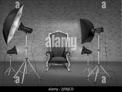 Vector background, photo studio with empty armchair and gray brick wall, lamps, umbrella diffuser and softboxes on tripods. Room mockup with modern li Stock Vector
